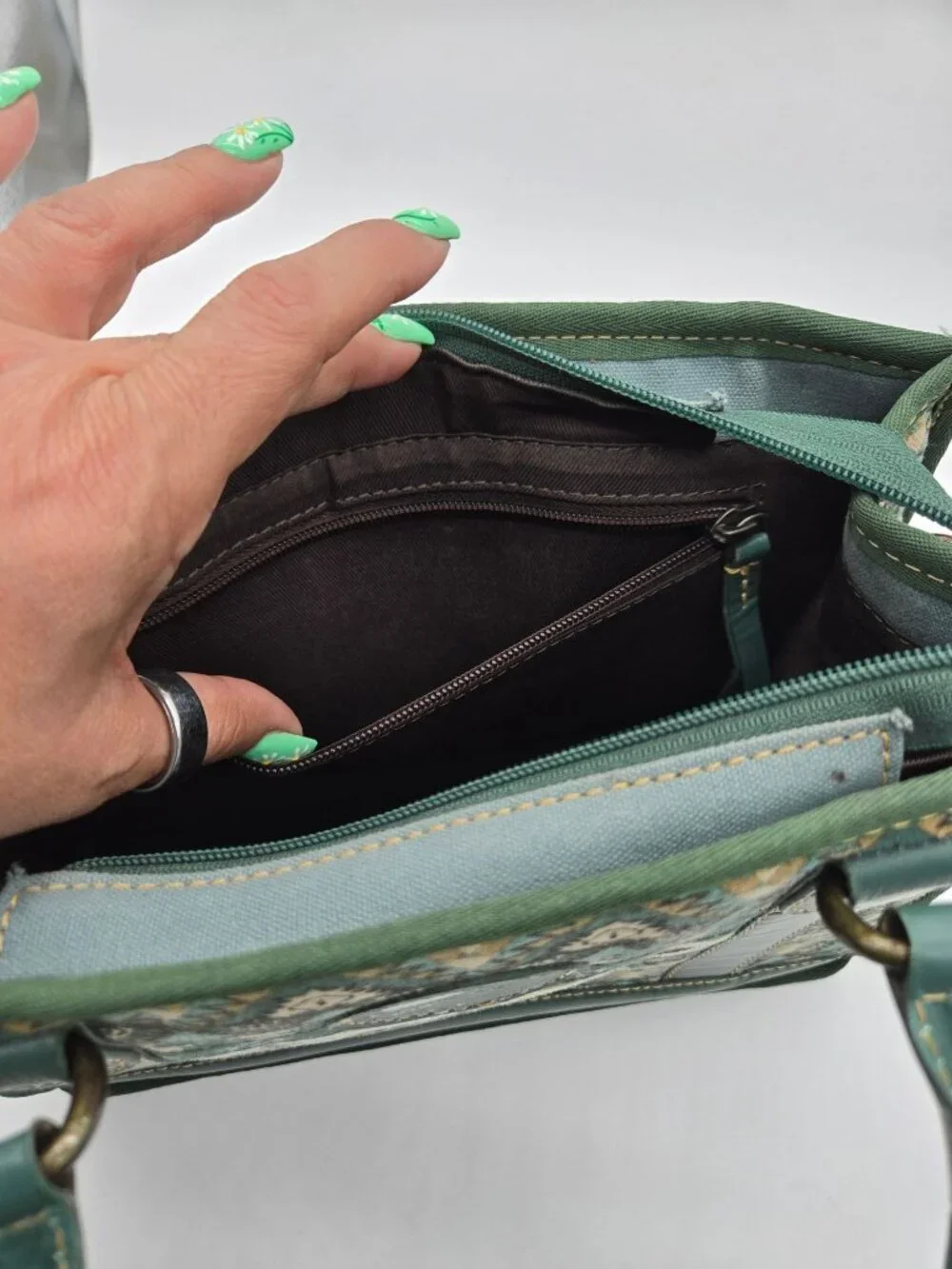 Myra Hunter Green Cream Double Handle Purse Bag *No Crossbody Strap - Picture 7 of 8